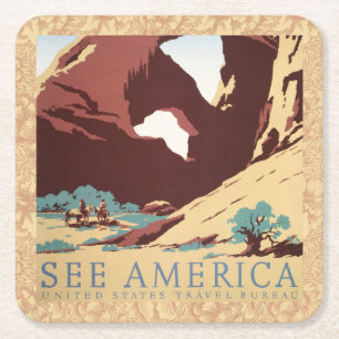 Retro See America Western Cowboys Desert Arch WPA Square Paper Coaster