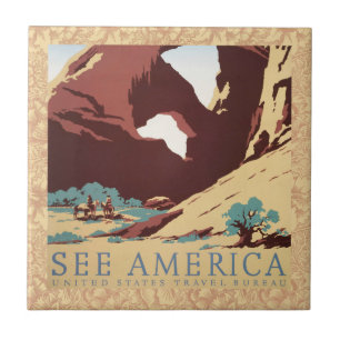 Retro See America Western Cowboys Desert Arch WPA Tile