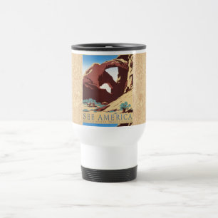 Retro See America Western Cowboys Desert Arch WPA Travel Mug
