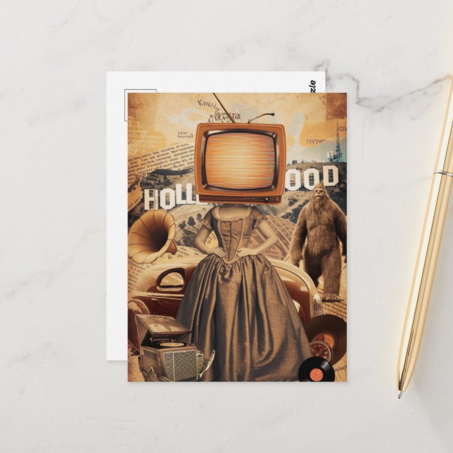 Retro Sepia TV Woman Sasquach Postcard (Front/Back In Situ)