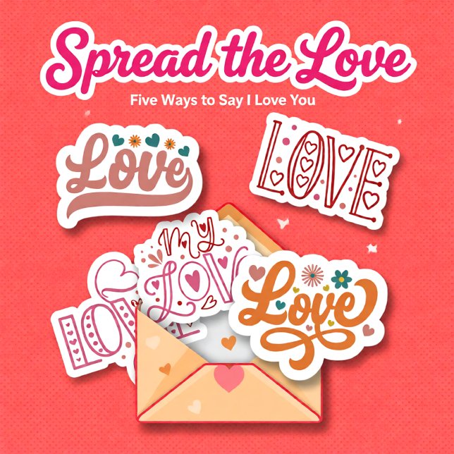 Retro set of 5 Love lettering stickers (Retro Love Lettering Valentine Sticker)