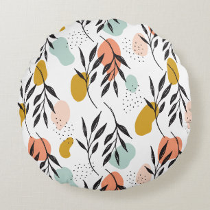 Retro Seventies Abstract Shapes Floral Pattern Round Cushion
