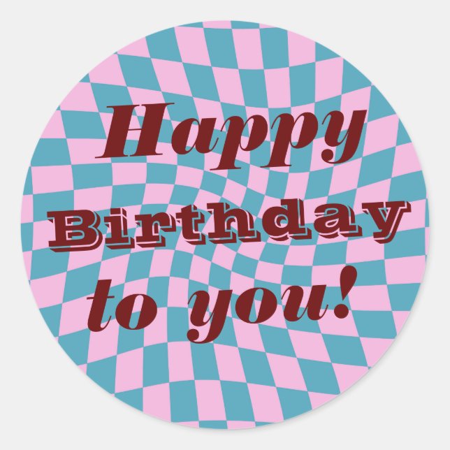 Retro Seventies Warped Checks Happy Birthday  Classic Round Sticker (Front)