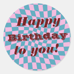 Retro Seventies Warped Checks Happy Birthday  Classic Round Sticker