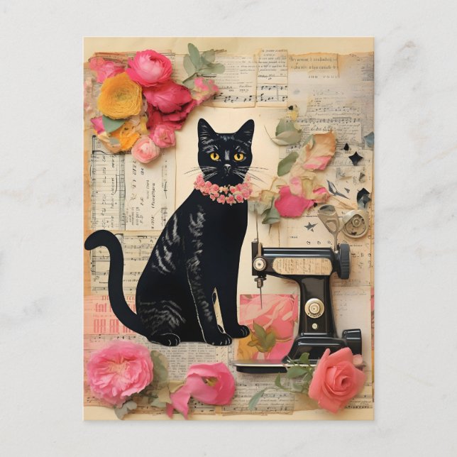 Retro Sewing Black Cat Bead necklace Collage Postcard (Front)