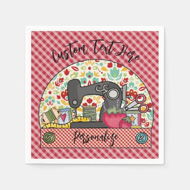 Retro Sewing Machine Gingham Seamstress Tailor Napkin (Front)