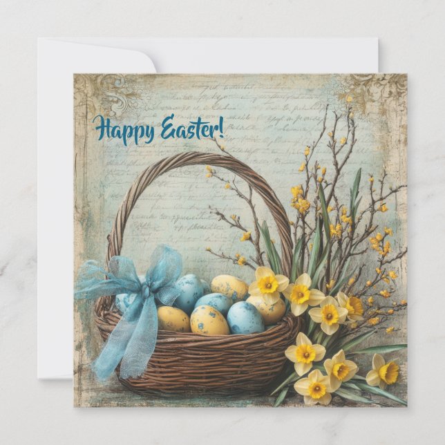 Retro shabby chic Easter eggs in basket daffodils Holiday Card (Front)