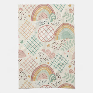 Retro Shapes and Dotted Textures in Earthy Pastel  Tea Towel
