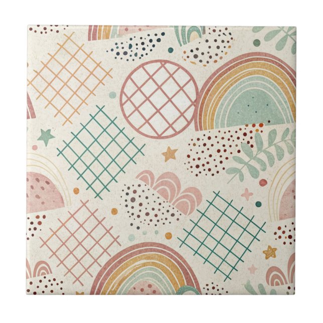Retro Shapes and Dotted Textures in Earthy Pastel  Tile (Front)