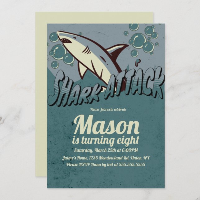 Retro Shark Themed Birthday Party Invitation (Front/Back)