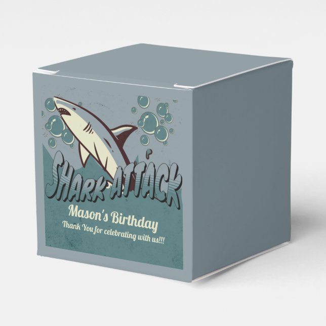 Retro Shark Themed Birthday Party Square Favour Box (Front Side)