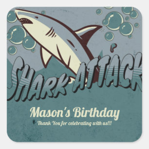 Retro Shark Themed Birthday Party Square Sticker