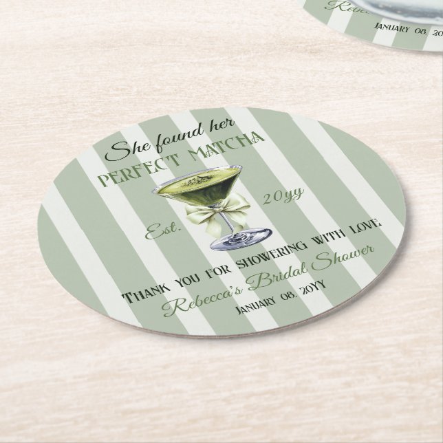 Retro She Found Her Perfect Matcha Bridal Shower Round Paper Coaster (Angled)
