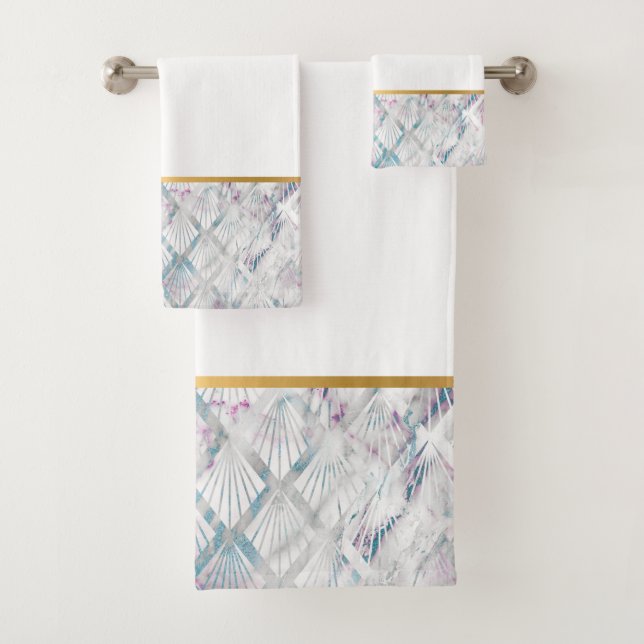 RETRO SHELL AQUA SPLASH WHITE BATHROOM TOWEL SET (Insitu)