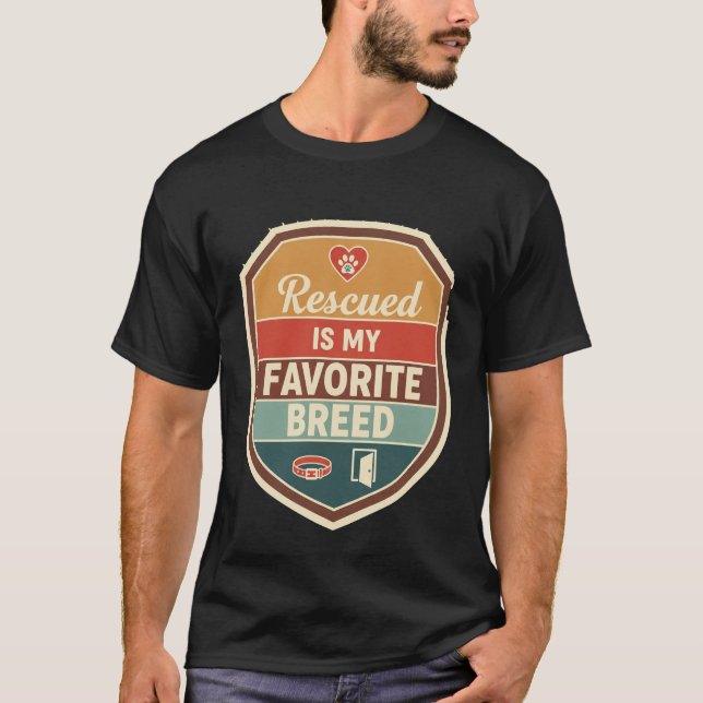 Retro Shield Rescued Is My Favourite Breed Dog Ado T-Shirt (Front)