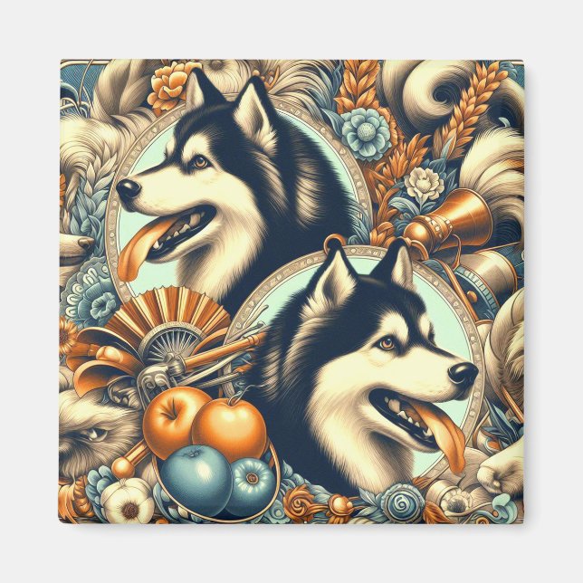 Retro Siberian Husky Illustration Magnet (Front)