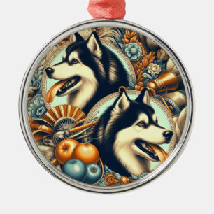Retro Siberian Husky Illustration Metal Tree Decoration