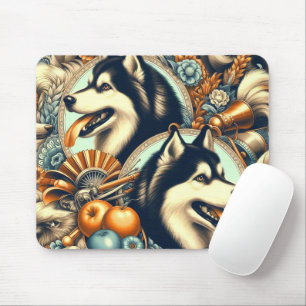 Retro Siberian Husky Illustration Mouse Mat