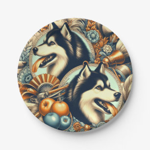 Retro Siberian Husky Illustration Paper Plate