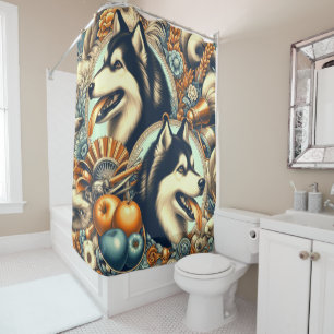 Retro Siberian Husky Illustration Shower Curtain
