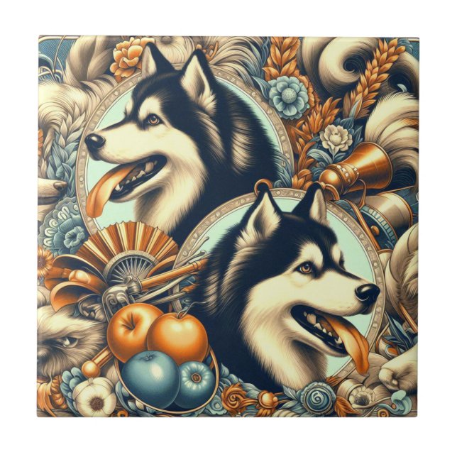 Retro Siberian Husky Illustration Tile (Front)