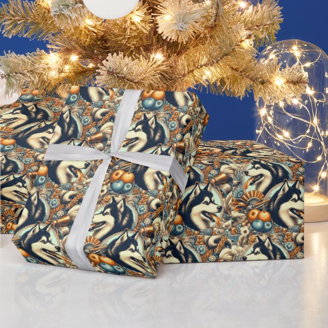 Retro Siberian Husky Illustration Wrapping Paper (Holidays)