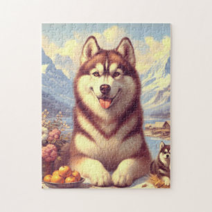 Retro Siberian Husky Painting Jigsaw Puzzle