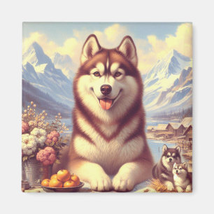 Retro Siberian Husky Painting Magnet