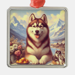 Retro Siberian Husky Painting Metal Tree Decoration