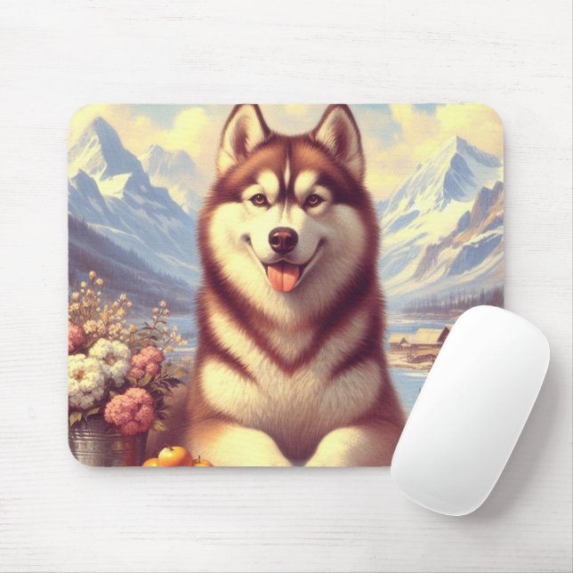 Retro Siberian Husky Painting Mouse Mat (With Mouse)