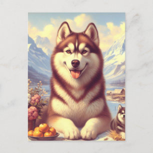 Retro Siberian Husky Painting Postcard