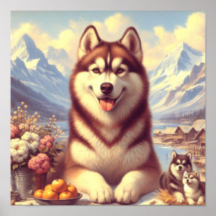 Retro Siberian Husky Painting Poster