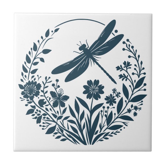 Retro Silhouette Dragonfly with Flowers Tile (Front)