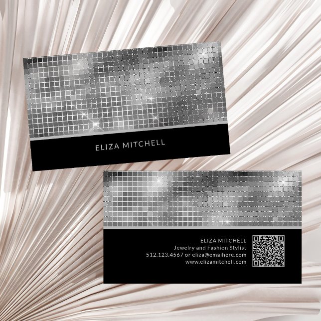 Retro Silver Grey Disco Ball Mirror | QR Code Business Card (A glam, disco-inspired silver and black business card, with a scannable QR code)
