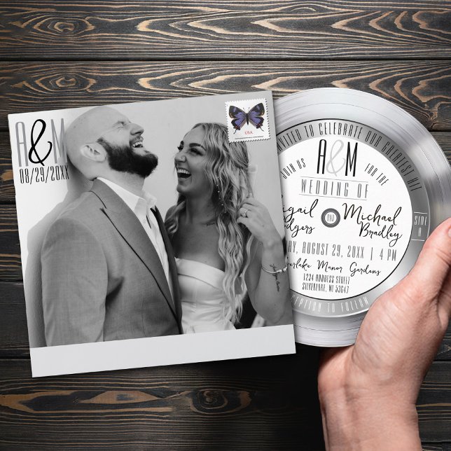 Retro Silver Vinyl Record Photo Wedding Invitation Envelope (Silver vinyl record wedding invitation black & white addressed photo monogram album cover envelope)