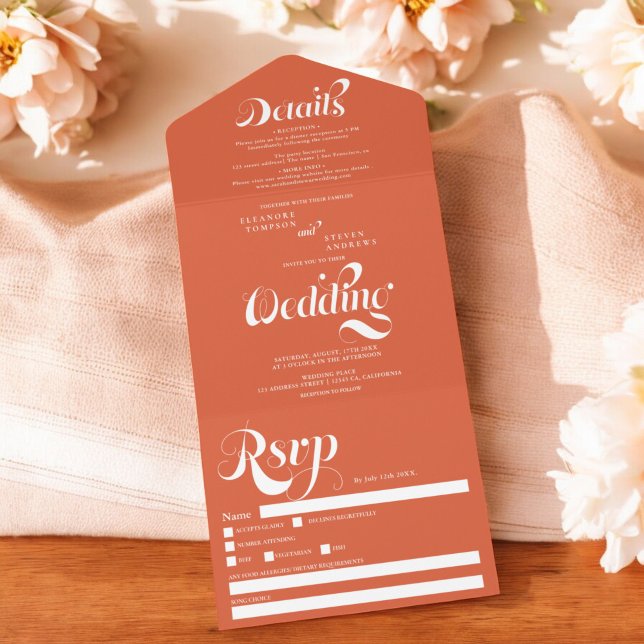 Retro simple orange white script chic wedding all in one invitation (Retro simple orange white script chic wedding all in one invitation)