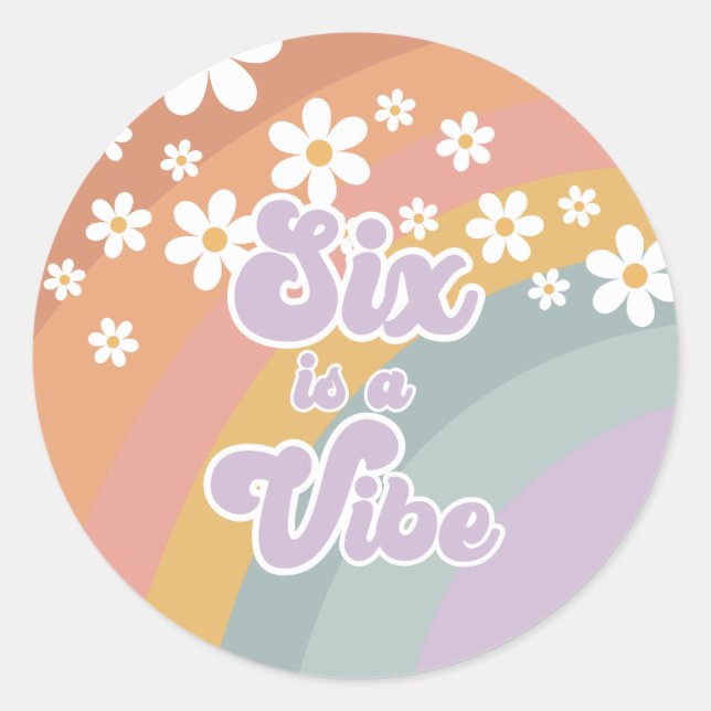 Retro Six is a Vibe Rainbow and Daisy Classic Round Sticker (Front)