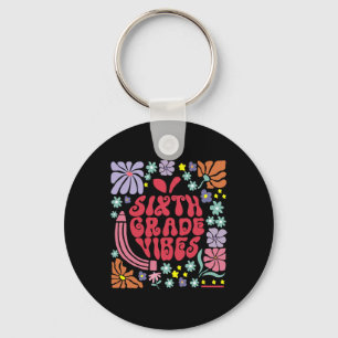 Retro Sixth Grade Vibes Teacher Floral Apple Back Key Ring