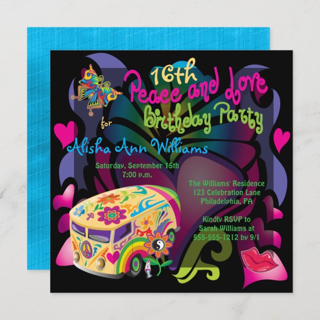 Retro Sixties Peace and Love 16th Birthday Party Invitation (Front/Back)