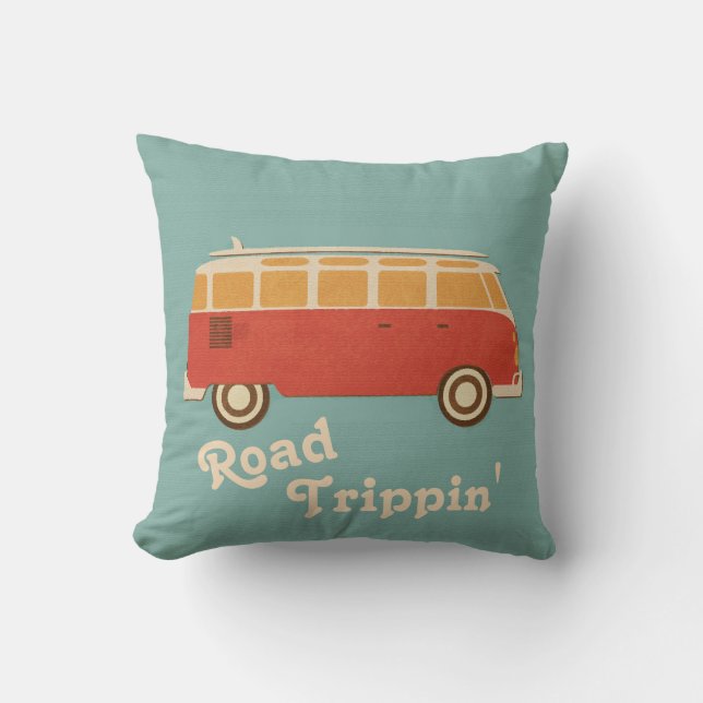 Retro Sixties Teal Orange Yellow Road Trippin' Van Cushion (Front)