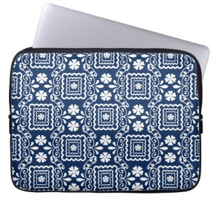 retro sixties white blue floral pattern laptop sleeve