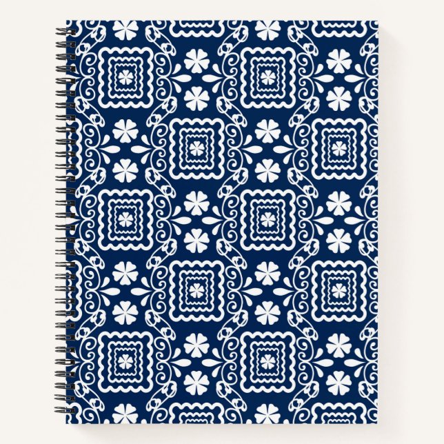retro sixties white blue floral pattern notebook (Front)