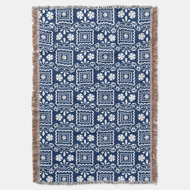 retro sixties white blue floral pattern throw blanket (Front Vertical)