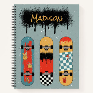 Retro Skateboard Blue Cool Custom Name Notebook