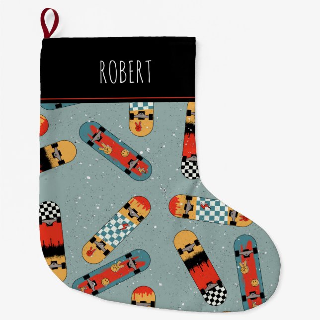 Retro Skateboard Blue Cool Kids Large Christmas Stocking (Front)
