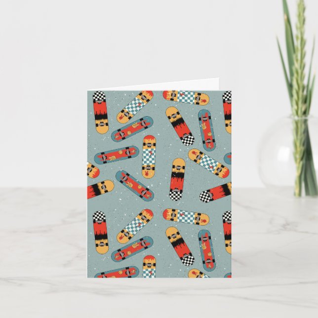 Retro Skateboard Blue Cool Pattern Card (Front)