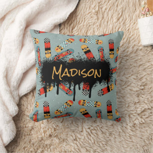 Retro Skateboard Blue Cool Pattern Custom Name Cushion