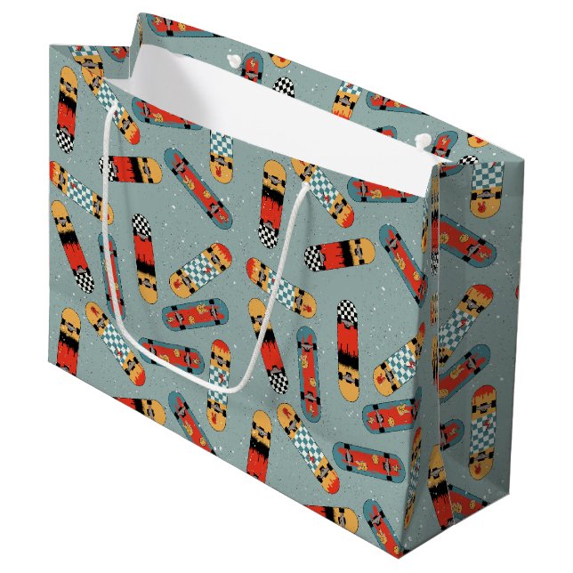 Retro Skateboard Blue Cool Pattern Large Gift Bag (Front Angled)