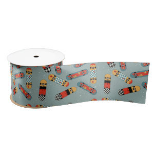 Retro Skateboard Blue Cool Pattern Satin Ribbon