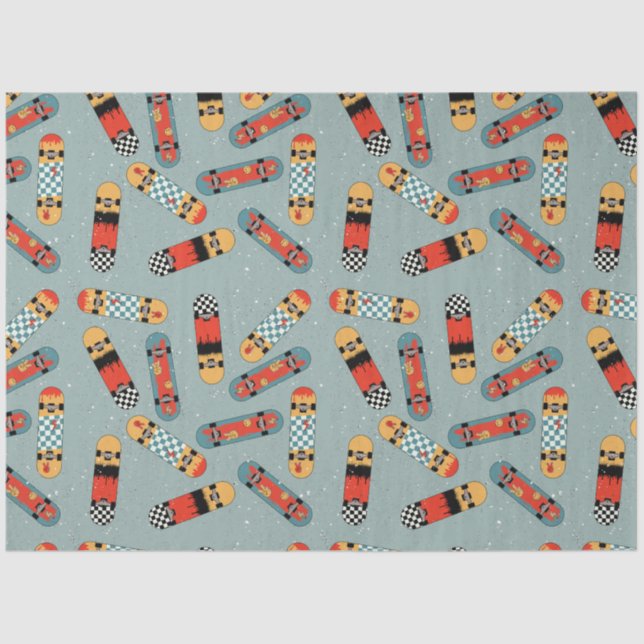 Retro Skateboard Blue Cool Pattern Tissue Paper (Front)